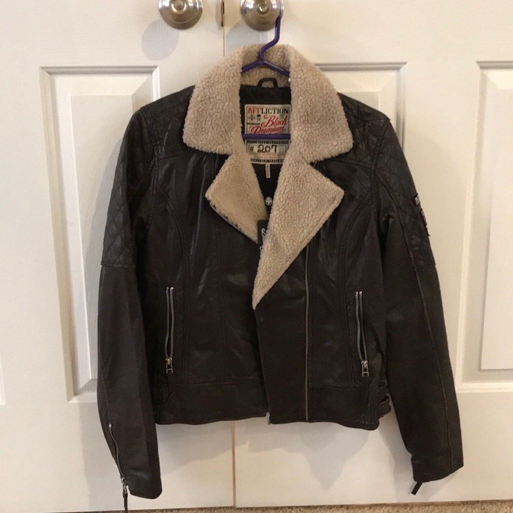 Affliction brown leather jacket M NWT